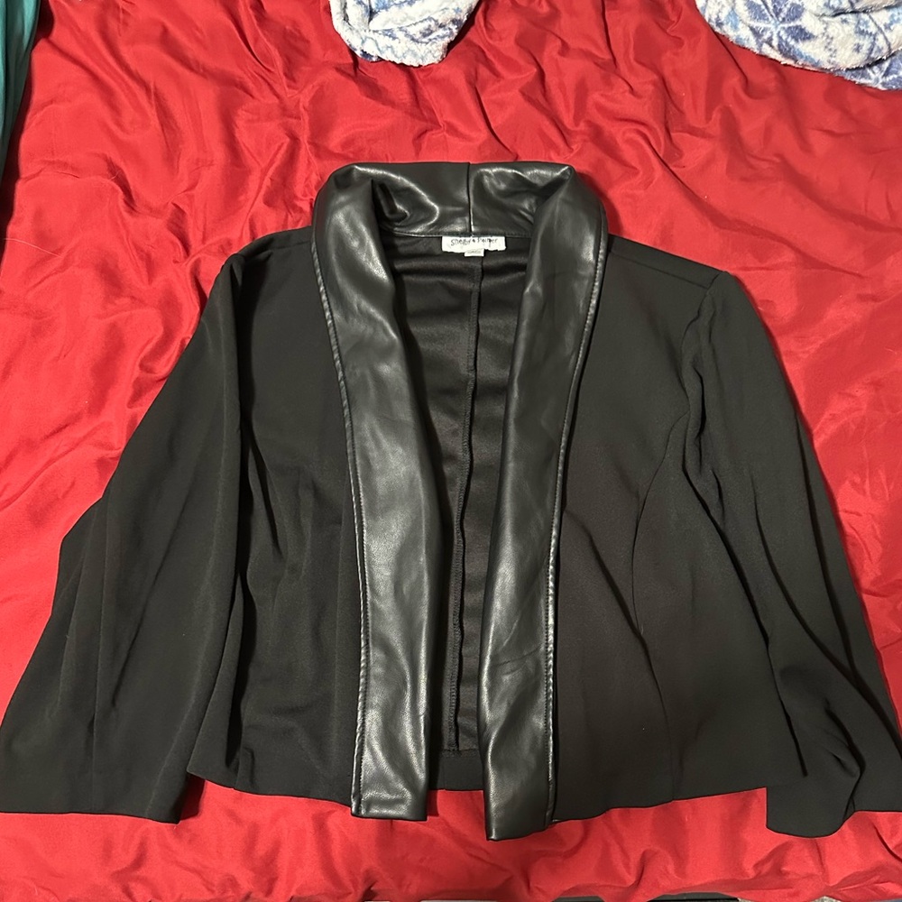 Black cropped cardigan with leather trim